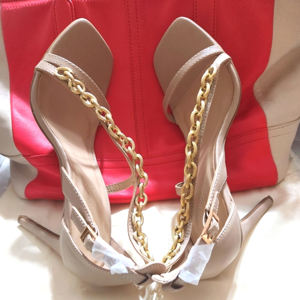 New Women's Open Toe Nude with Gold Chain Heels